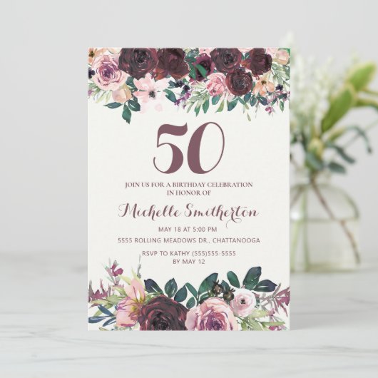 Burgundy Blush Pink Floral Leaves 50th Birthday Kaart (Staand voorkant)