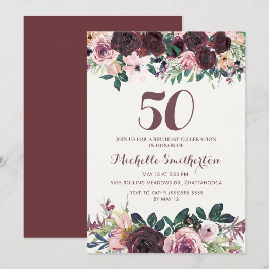 Burgundy Blush Pink Floral Leaves 50th Birthday Kaart (Voorkant / Achterkant)
