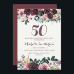 Burgundy Blush Pink Floral Leaves 50th Birthday Kaart<br><div class="desc">Elegant burgundy en blush roze waterverf floral with sage green bladeren on white 50th verjaardagsparty nodigde u uit met een prachtig calligrafiekscript font.</div>