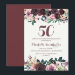 Burgundy Blush Pink Floral Leaves 50th Birthday Kaart<br><div class="desc">Elegant burgundy en blush roze waterverf floral with sage green bladeren on white 50th verjaardagsparty nodigde u uit met een prachtig calligrafiekscript font.</div>