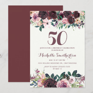 Burgundy Blush Pink Floral Leaves 50th Birthday Kaart