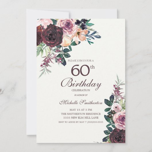Burgundy Blush Pink Floral Leaves 60th Birthday Kaart (Voorkant)