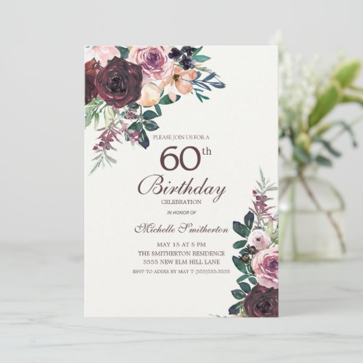 Burgundy Blush Pink Floral Leaves 60th Birthday Kaart (Staand voorkant)