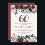 Burgundy Blush Pink Floral Leaves 60th Birthday Kaart<br><div class="desc">Elegant burgundy en blush roze waterverf floral with sage green bladeren on white 60th verjaardagsparty nodigde u uit met een prachtig calligrafiekscript font.</div>