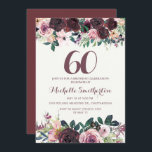 Burgundy Blush Pink Floral Leaves 60th Birthday Kaart<br><div class="desc">Elegant burgundy en blush roze waterverf floral with sage green bladeren on white 60th verjaardagsparty nodigde u uit met een prachtig calligrafiekscript font.</div>