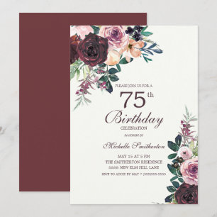 Burgundy Blush Pink Floral Leaves 75th Birthday Kaart