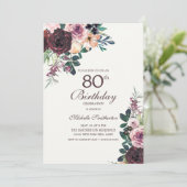 Burgundy Blush Pink Floral Leaves 80th Birthday Kaart (Staand voorkant)