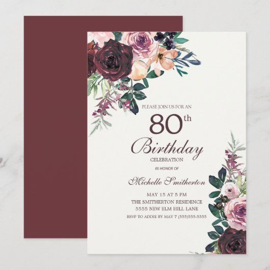 Burgundy Blush Pink Floral Leaves 80th Birthday Kaart (Voorkant / Achterkant)