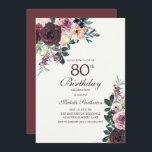 Burgundy Blush Pink Floral Leaves 80th Birthday Kaart<br><div class="desc">Elegant burgundy en blush roze waterverf floral with sage green leaves on white 80th verjaardagsparty call with an elegant calligraphy script font.</div>