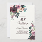 Burgundy Blush Pink Floral Leaves 90th Birthday Kaart (Voorkant)
