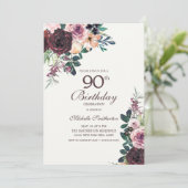 Burgundy Blush Pink Floral Leaves 90th Birthday Kaart (Staand voorkant)