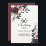 Burgundy Blush Pink Floral Leaves 90th Birthday Kaart<br><div class="desc">Elegant burgundy and blush roze waterverf floral with sage green leaves on white 90th verjaardagsparty call with an elegant calligraphy script font.</div>