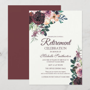 Burgundy Blush Pink Floral Leaves Retirement Kaart