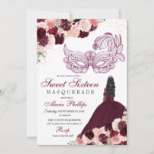 Burgundy Blush Pink Floral Masquerade Sweet 16 Inv Kaart (Voorkant)