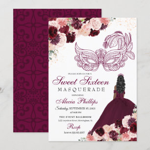 Burgundy Blush Pink Floral Masquerade Sweet 16 Inv Kaart