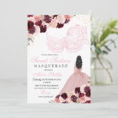 Burgundy Blush Pink Floral Masquerade Sweet 16 Inv Kaart (Staand voorkant)