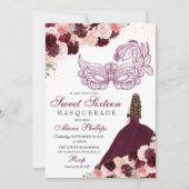Burgundy Blush Pink Floral Masquerade Sweet 16 Inv Kaart (Voorkant)