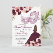 Burgundy Blush Pink Floral Masquerade Sweet 16 Inv Kaart (Staand voorkant)