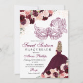 Burgundy Blush Pink Floral Masquerade Sweet 16 Inv Kaart (Voorkant)