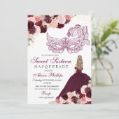 Burgundy Blush Pink Floral Masquerade Sweet 16 Inv Kaart (Staand voorkant)