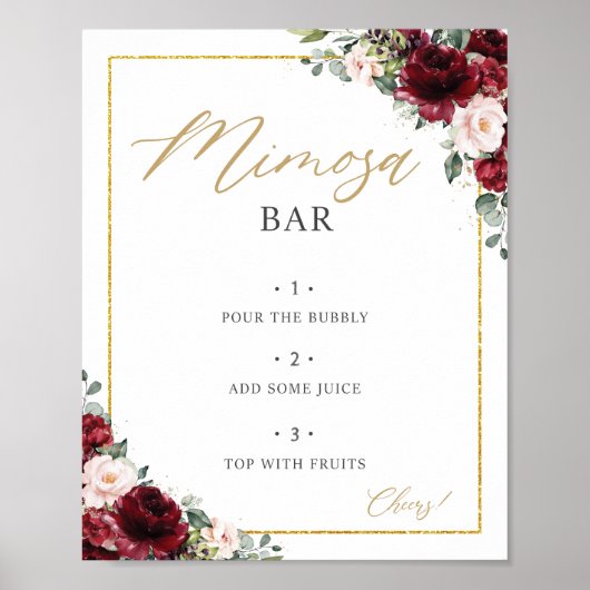Burgundy Blush Pink Floral Mimosa Bar Sign Poster (Voorkant)