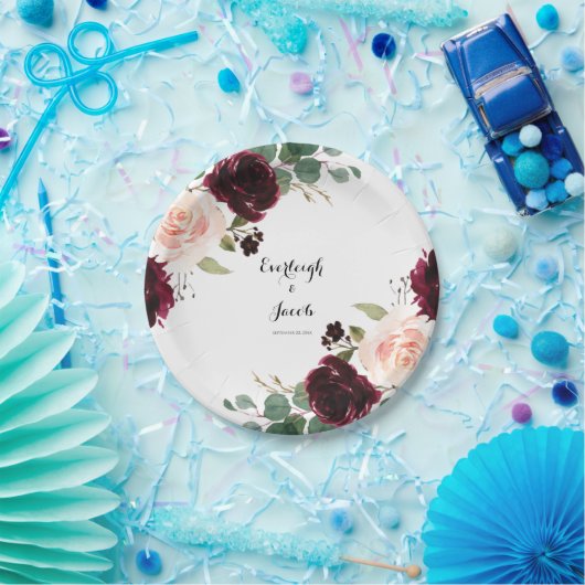 Burgundy Blush Pink Floral Papieren Bordje (Feest)