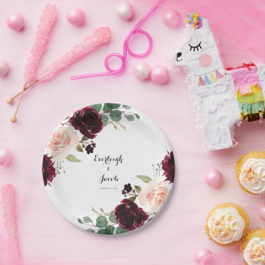 Burgundy Blush Pink Floral Papieren Bordje (Feest)