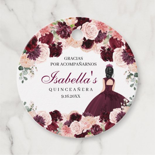 Burgundy Blush Pink Floral Quinceanera Bedankjes Labels (Voorkant)