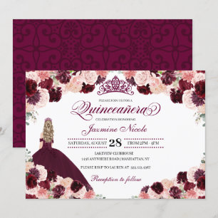Burgundy Blush Pink Floral Quinceanera Birthday in Kaart