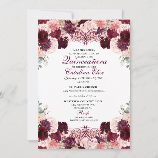 Burgundy Blush Pink Floral Quinceanera Birthday Kaart (Voorkant)