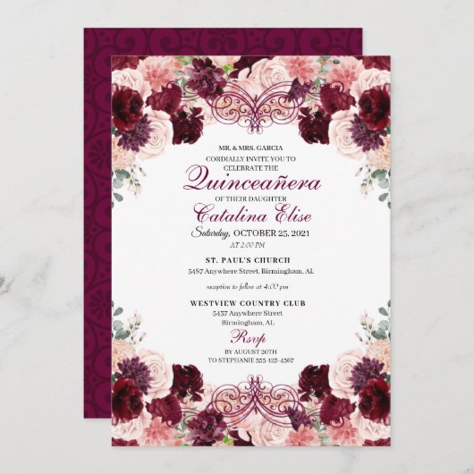 Burgundy Blush Pink Floral Quinceanera Birthday Kaart (Voorkant / Achterkant)