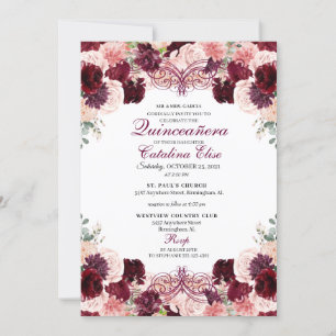 Burgundy Blush Pink Floral Quinceanera Birthday Kaart
