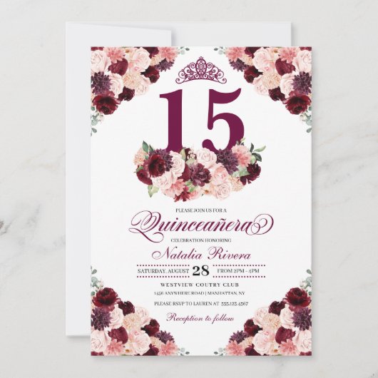 Burgundy Blush Pink Floral Quinceanera Birthday Kaart (Voorkant)