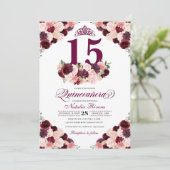 Burgundy Blush Pink Floral Quinceanera Birthday Kaart (Staand voorkant)