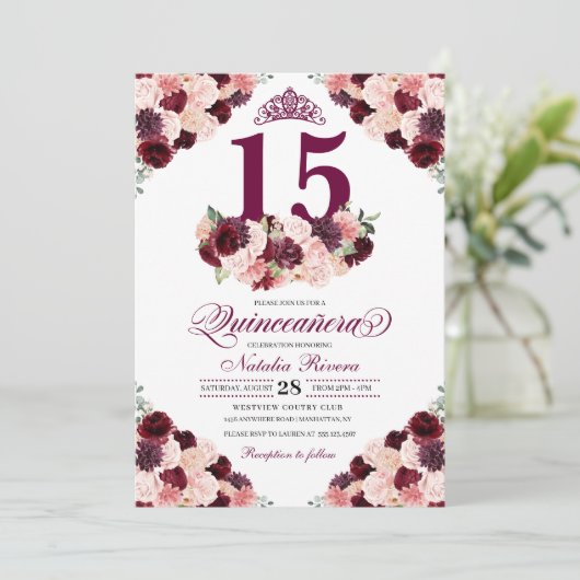 Burgundy Blush Pink Floral Quinceanera Birthday Kaart (Staand voorkant)