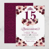 Burgundy Blush Pink Floral Quinceanera Birthday Kaart (Voorkant / Achterkant)