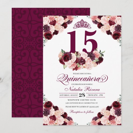 Burgundy Blush Pink Floral Quinceanera Birthday Kaart (Voorkant / Achterkant)