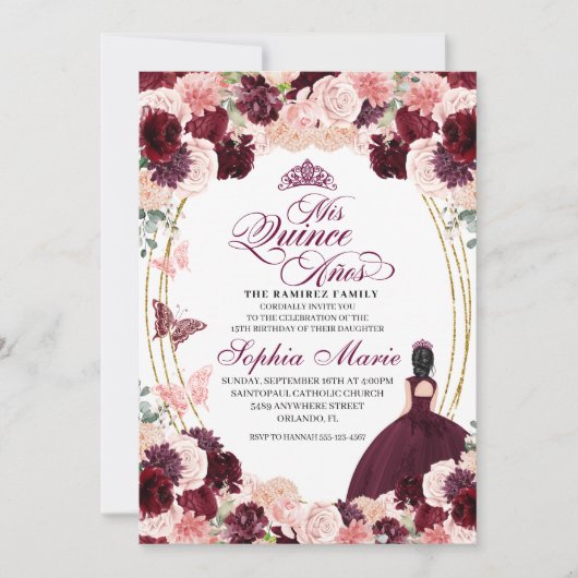 Burgundy Blush Pink Floral Quinceanera Birthday Kaart (Voorkant)