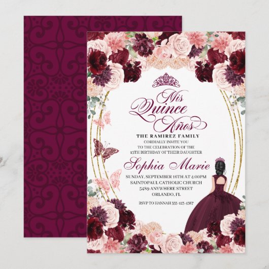 Burgundy Blush Pink Floral Quinceanera Birthday Kaart (Voorkant / Achterkant)