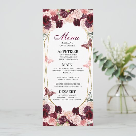 Burgundy Blush Pink Floral Quinceanera Menu Kaart (Staand voorkant)