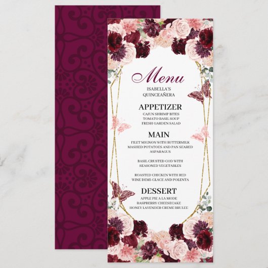Burgundy Blush Pink Floral Quinceanera Menu Kaart (Voorkant / Achterkant)