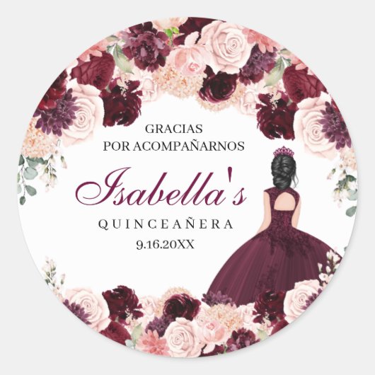 Burgundy Blush Pink Floral Quinceanera Ronde Sticker (Voorkant)