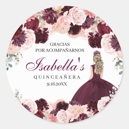 Burgundy Blush Pink Floral Quinceanera Ronde Sticker (Voorkant)