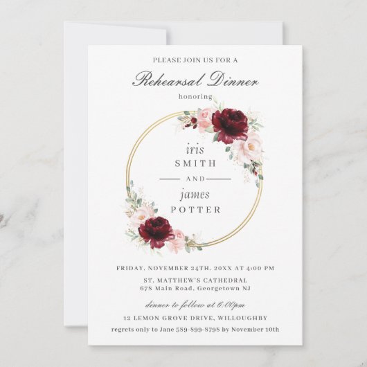 Burgundy Blush Pink Floral Rehearsal Dinner Kaart (Voorkant)