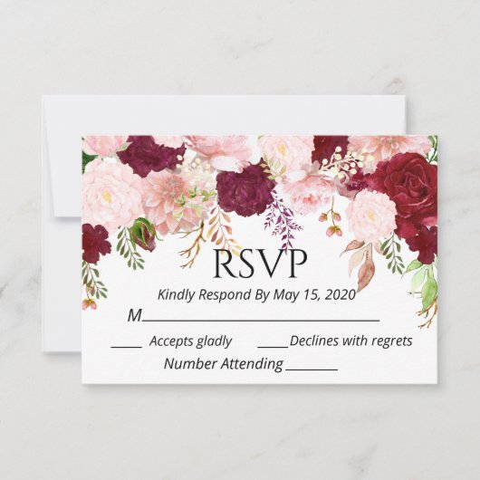 Burgundy Blush Pink Floral RSVP bruiloft Waterverf (Voorkant)