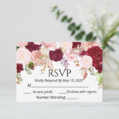 Burgundy Blush Pink Floral RSVP bruiloft Waterverf (Staand voorkant)