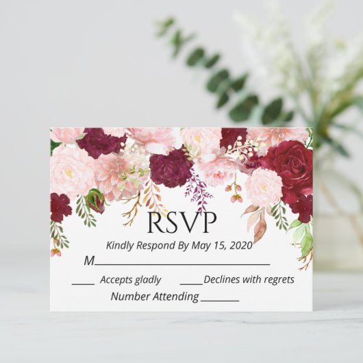 Burgundy Blush Pink Floral RSVP bruiloft Waterverf (Staand voorkant)