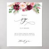 Burgundy Blush Pink Floral, Sign Guestbook Board Poster (Voorkant)