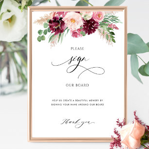 Burgundy Blush Pink Floral, Sign Guestbook Board Poster