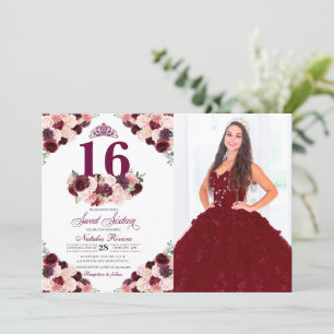 Burgundy Blush Pink Floral Sweet 16 Birthday Foto Kaart